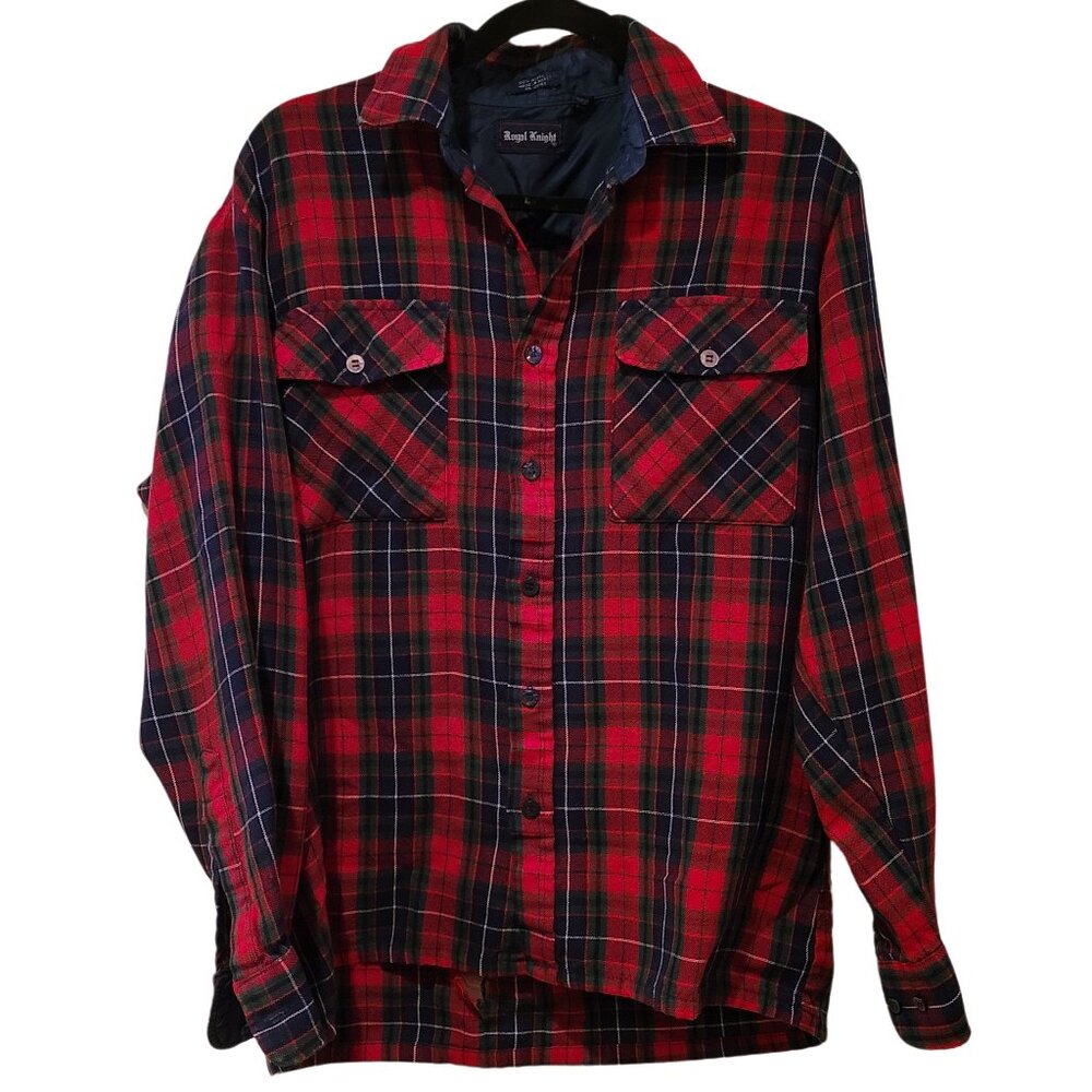 Distressed Vintage Royal Knight Plaid Flannel Button-Up Shirt, Men's Medium